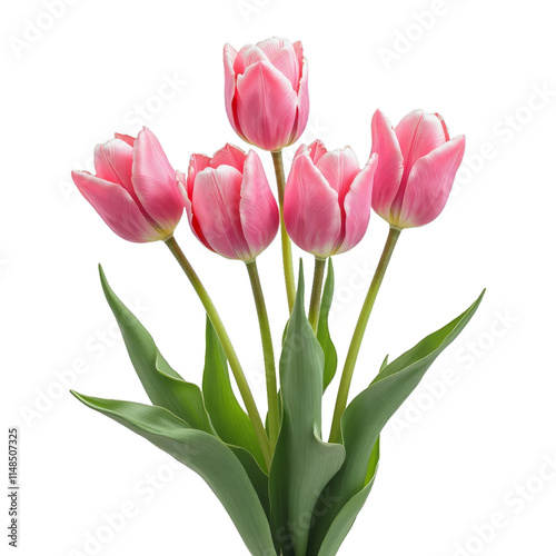 Obraz na płótnie Pink tulips in a vase with green leaves w salonie