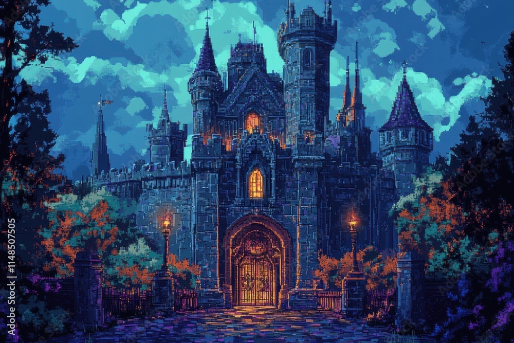 A Majestic Dark Castle at Night Underneath a Cloudy Sky A Majestic Dark Castle at Night Underneath a Cloudy Sky