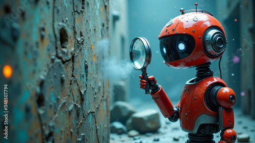 A charming red robot explores a mysterious alley with a magnifying glass, showcasing curiosity.
