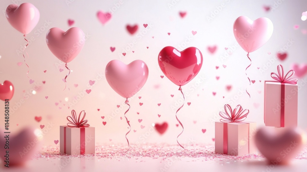 Playful design with heart-shaped balloons tied with loops, scattered gift boxes, and glowing confetti over a white-to-pink ombre background. Playful design with heart-shaped balloons tied with loops, scattered gift boxes, and glowing confetti over a white-to-pink ombre background.