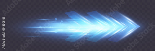 Blue glowing arrows moving forward at high speed on dark background, light trail effects, futuristic motion concept, suitable for technology and progress themes.