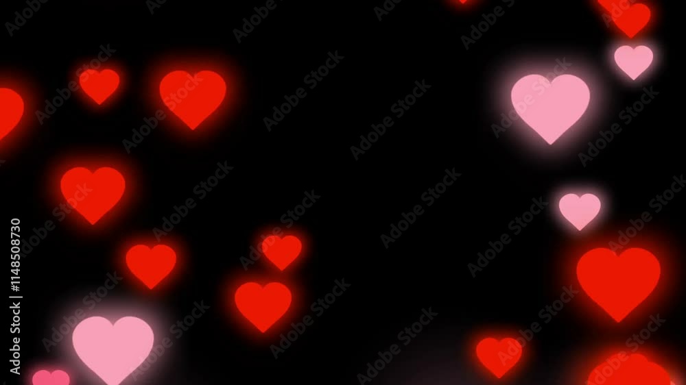 Animation red heart shape floating on black background.	