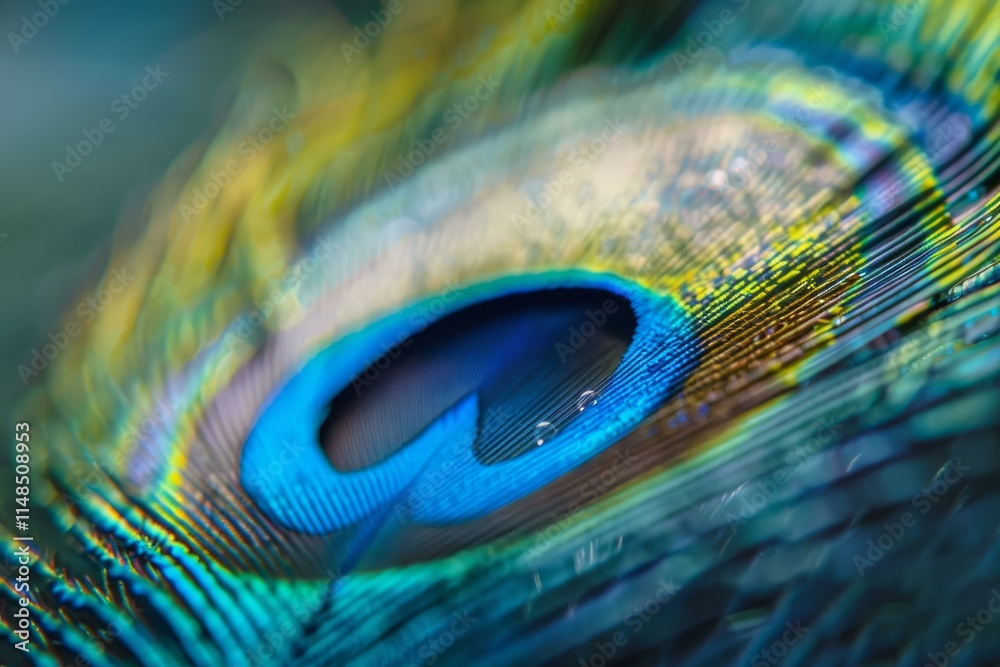 Naklejka premium Close up of vibrant peacock feather showing intricate details and tiny water droplets