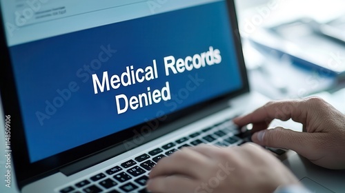 Individual typing on a laptop showing a Medical Records Access Denied warning, minimalist workspace, no face visible