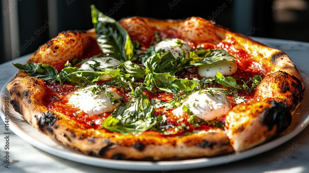 Delicious Neapolitan pizza with burrata, basil, and tomato sauce.