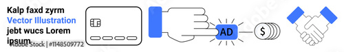 Sequence of a financial transaction credit card, hand clicking AD button, and handshake. Ideal for business deals, online payments, marketing, advertising, partnerships, financial agreements