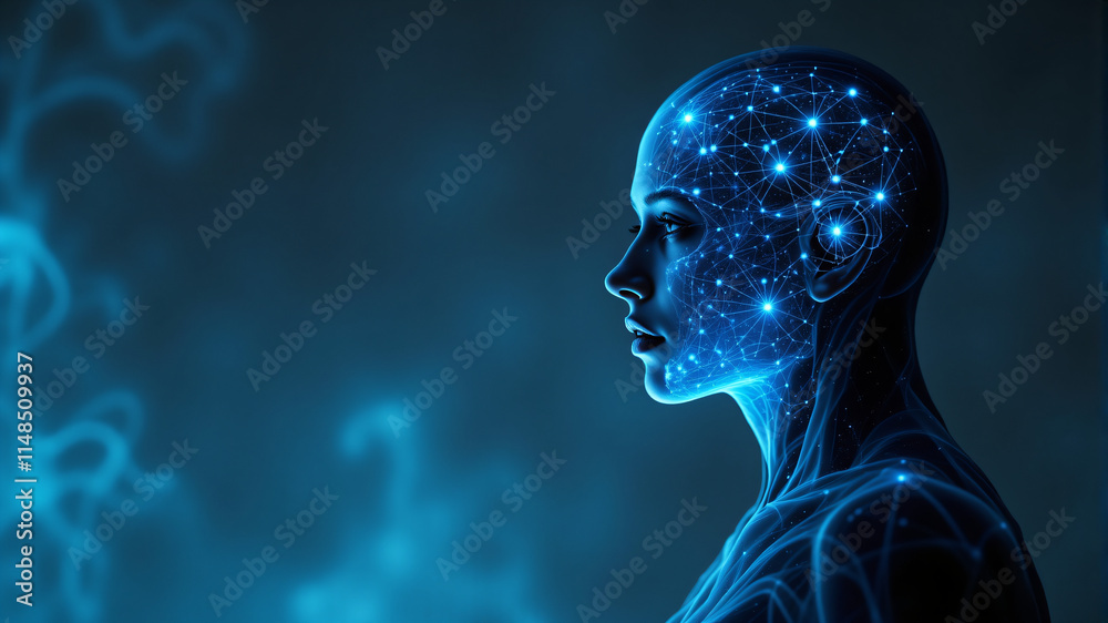 A captivating digital representation of a human silhouette with glowing blue connections and stars. A captivating digital representation of a human silhouette with glowing blue connections and stars.