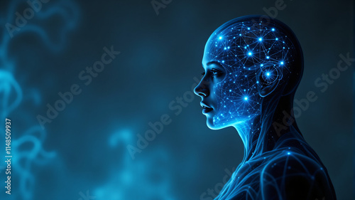 A captivating digital representation of a human silhouette with glowing blue connections and stars. photo