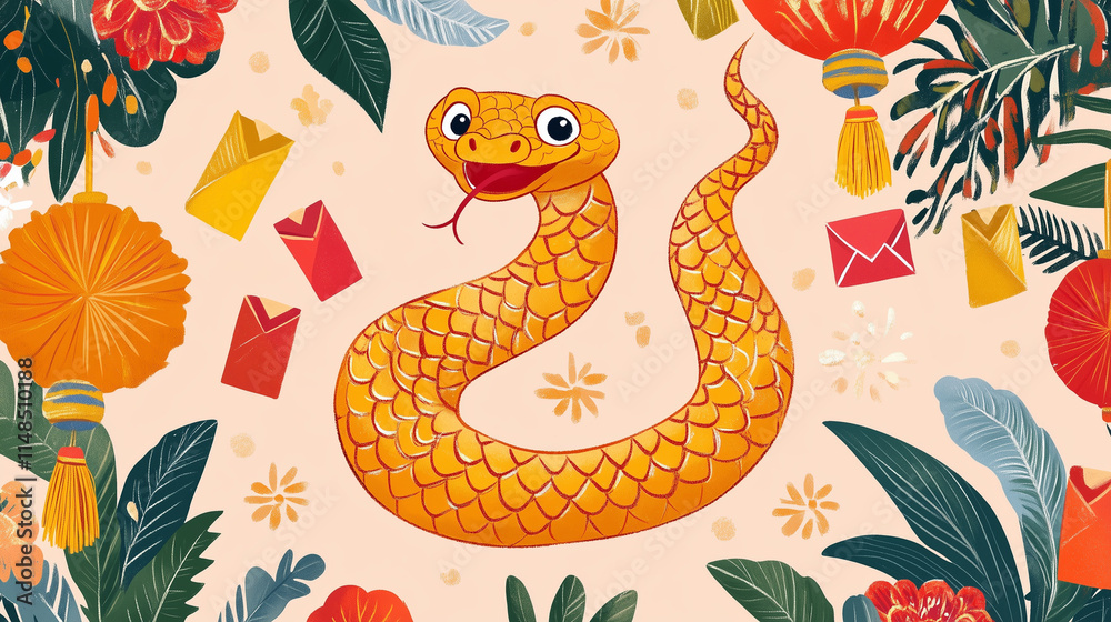 A cheerful and adorable golden and red baby snake with big sparkling eyes, coiled in the shape of the number '2025.' The background features festive Chinese New Year elements like A cheerful and adorable golden and red baby snake with big sparkling eyes, coiled in the shape of the number '2025.' The background features festive Chinese New Year elements like