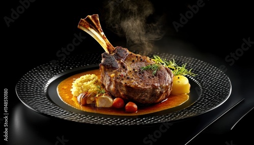 A sumptuous meat dish presented on an elegant black background.