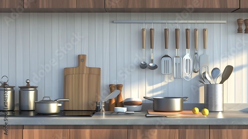 Cookware and cutlery in a contemporary kitchenette