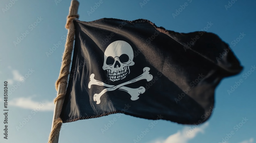 Fototapeta premium Black flag with skull and crossbones waving against a clear blue sky. A skull-and-bones pirate flag flutters in the bright sky.