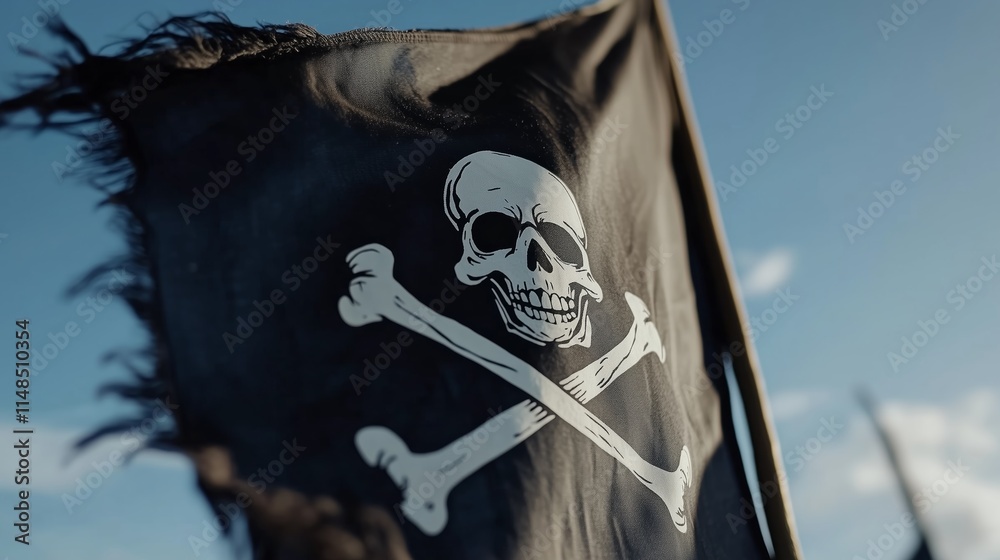 Fototapeta premium Pirate flag with skull symbol waving in the wind, closeup view. A black pirate flag featuring a skull and crossbones flutters against the sky.