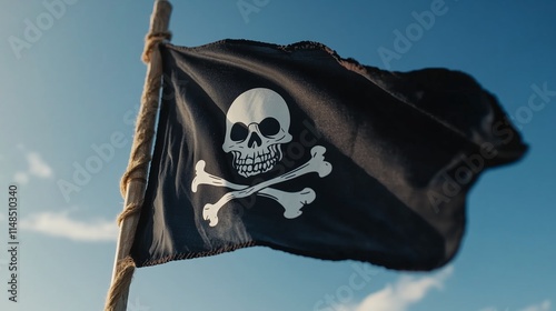Black flag with skull and crossbones waving against a clear blue sky. A skull-and-bones pirate flag flutters in the bright sky.