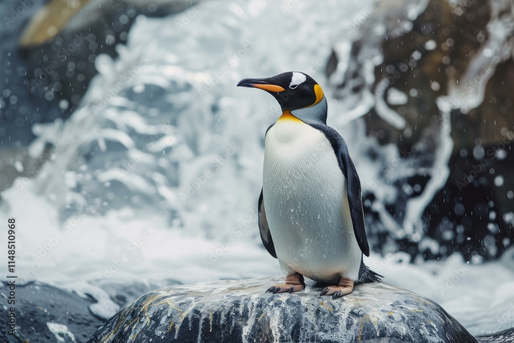 Fototapeta premium King penguin standing on rock with ocean waves splashing in background