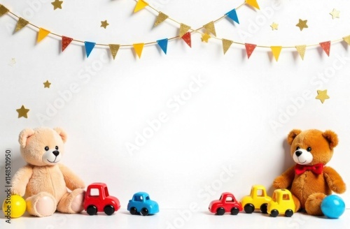 blank background, space for text, children's party, toys teddy bear, car, garlands