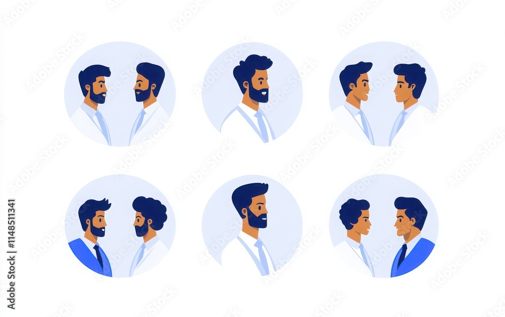 Fototapeta premium A collection of minimalist portrait icons featuring business professionals in flat design, with round backgrounds and front-facing views. 