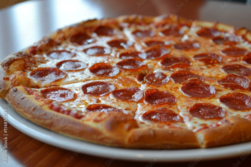 Delicious pepperoni pizza presenting slices on white plate Delicious pepperoni pizza presenting slices on white plate