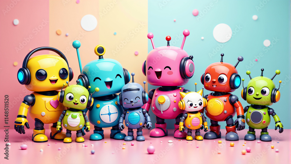 Fototapeta premium A vibrant gathering of colorful, friendly robots showcasing various shapes and features.