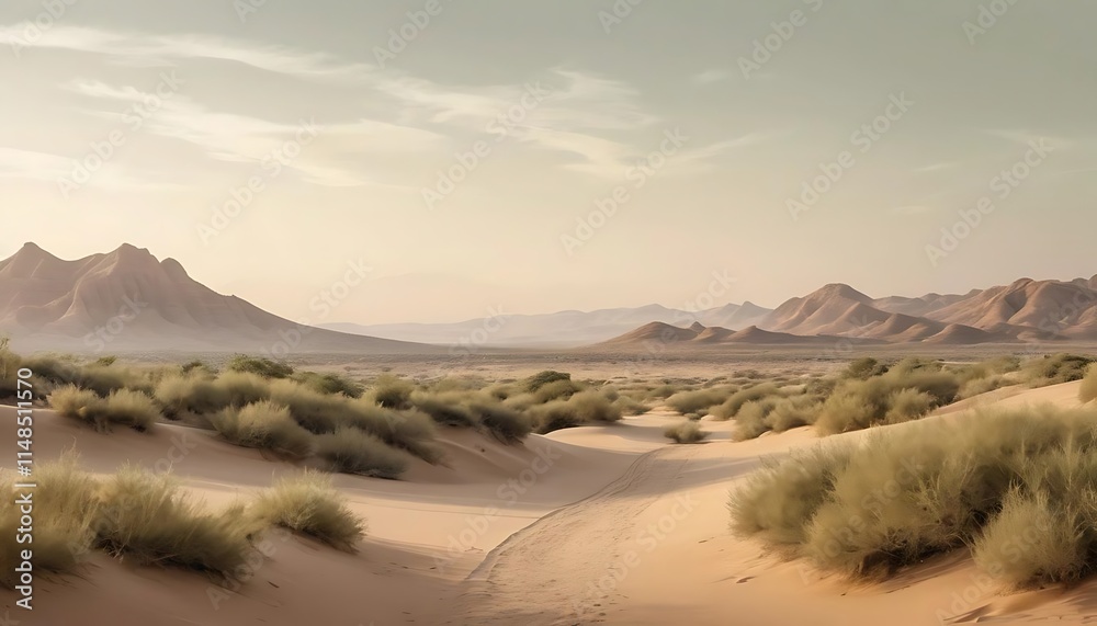 Sandy Desert Landscape With Rolling Hills And Sparse Vegetation Sandy Desert Landscape With Rolling Hills And Sparse Vegetation