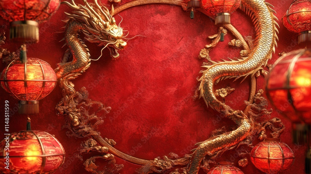 custom made wallpaper toronto digitalRich red background featuring a golden dragon and glowing lanterns, framing a central circular area ideal for product placement or greeting cards.