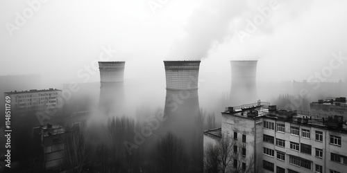 Industrial landscape featuring cooling towers surrounded by fog and pollution. Cooling towers release steam into a foggy urban environment with old abandoned residential buildings. photo