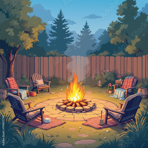 A crackling campfire surrounded by comfortable chairs and blankets in a lush backyard at dusk