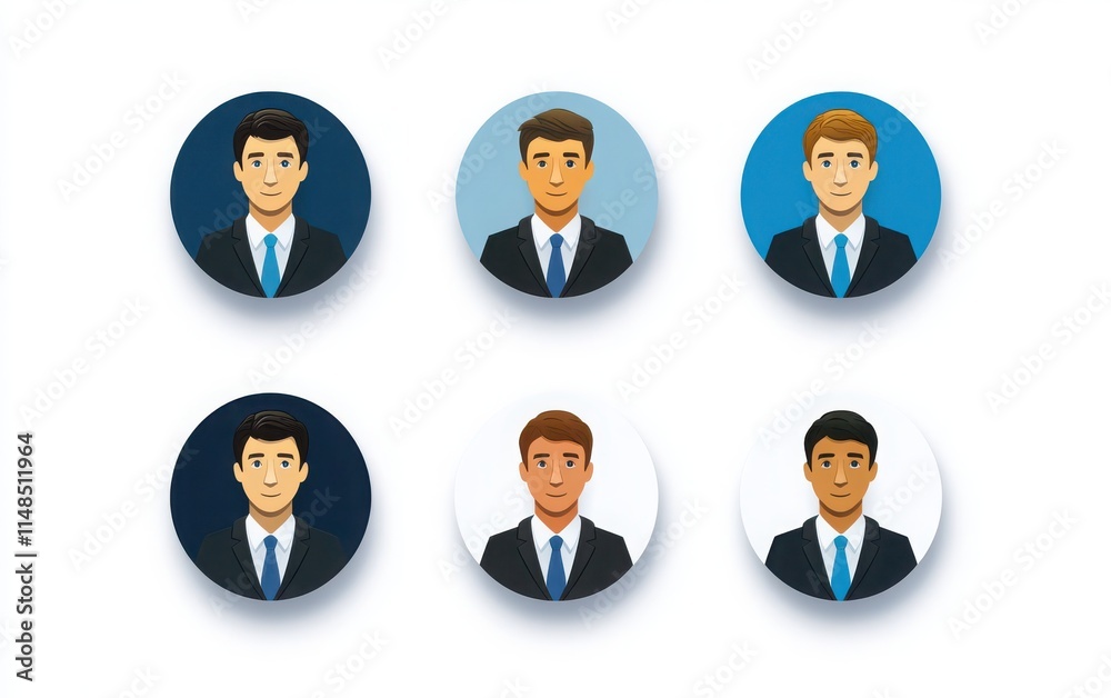 A set of clean and simple portrait icons, showing people in business attire, with a round background and front view. Each avatar has color details with white and blue accents. A set of clean and simple portrait icons, showing people in business attire, with a round background and front view. Each avatar has color details with white and blue accents.
