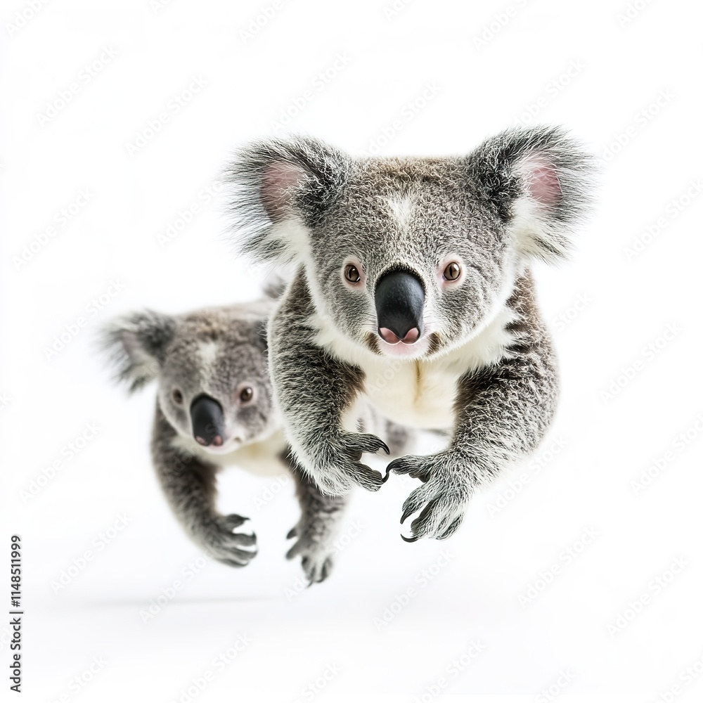 Naklejka premium Dynamic Koala Chasing Another Animal in Playful Pose on White Background – Energetic Wildlife Scene