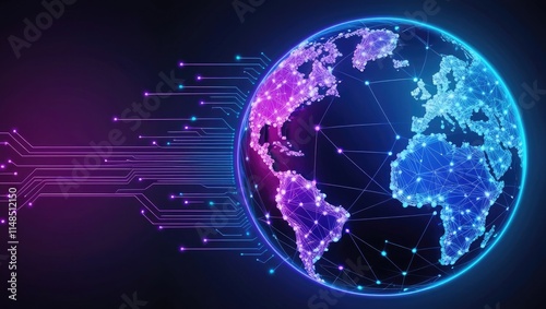 Futuristic Digital Illustration of a Stylized Globe with Interconnected Points and Circuits