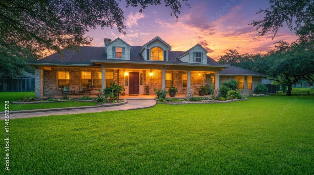 Luxurious house at sunset, featuring a large front porch, stone exterior, and manicured lawn. Luxurious house at sunset, featuring a large front porch, stone exterior, and manicured lawn.