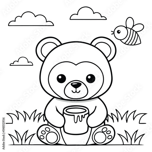 A bear is sitting in a grassy area with a cup in its paws. A bee is flying nearby photo