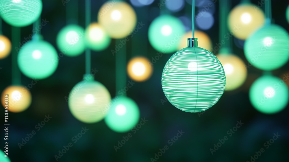 Obraz premium Abstract green bokeh lights glowing softly against a dark background. Defocused orbs create a festive and eco-inspired atmosphere, perfect for Christmas, New Year, or holiday.