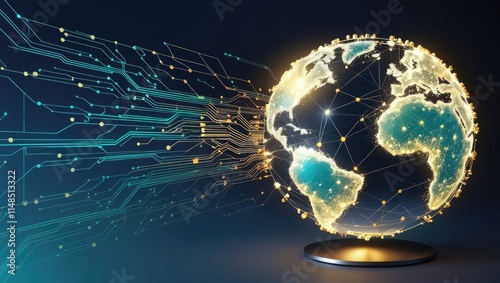 Futuristic Digital Illustration of a Stylized Globe with Interconnected Points and Circuits