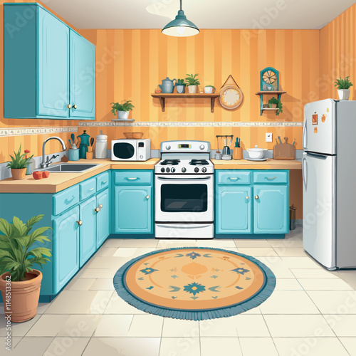 Kitchen interior with warm colors and a vintage feel.