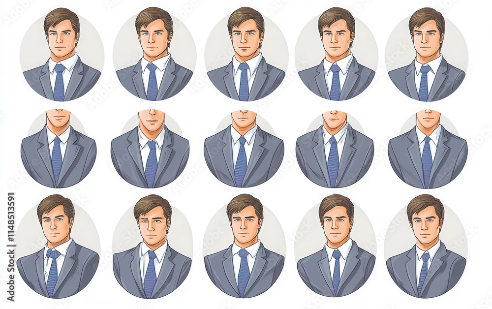 A set of simple portrait icons featuring individuals in business attire, designed with a round background and a front view. A set of simple portrait icons featuring individuals in business attire, designed with a round background and a front view.
