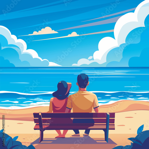 Couple on bench, beach, ocean view.