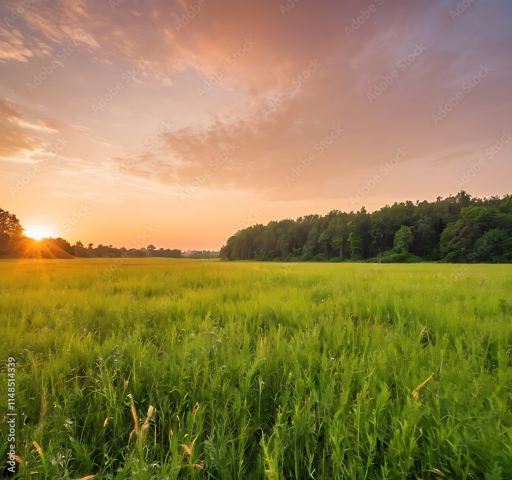 summer sunset on green meadow and sunbeams through grass in the evening. Scenery landscape of bright sunrays over green field. Summer nature. 7 summer sunset on green meadow and sunbeams through grass in the evening. Scenery landscape of bright sunrays over green field. Summer nature. 7