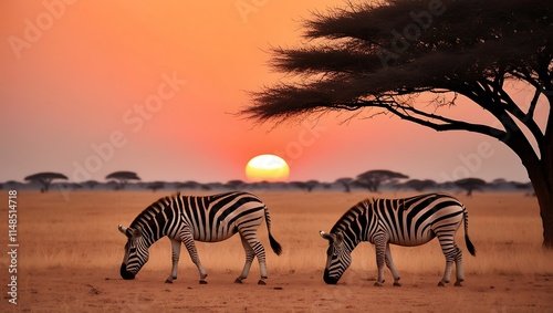 Zebras herd on savanna at sunset 4k image