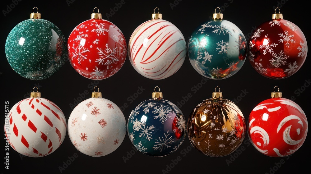 Ten assorted Christmas balls with sparkling designs, featuring festive colors and patterns like candy canes, snowflakes, and holly leaves. Ten assorted Christmas balls with sparkling designs, featuring festive colors and patterns like candy canes, snowflakes, and holly leaves.