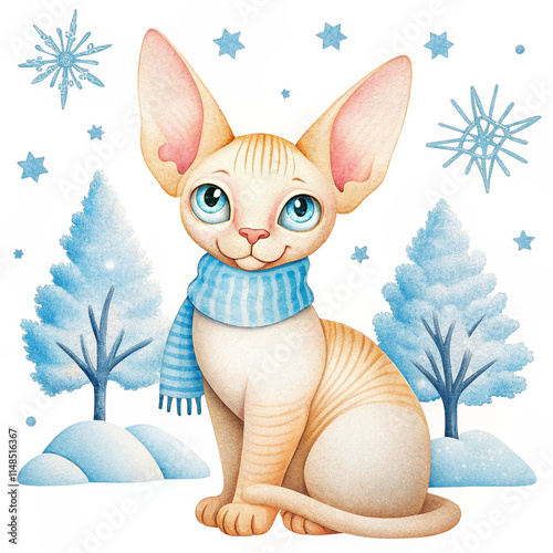 Cute Baby Sphynx Kitten in Winter Wonderland - Adorable sphynx cat wearing a blue scarf, sitting amidst snowy winter trees and snowflakes.  Symbolizing warmth, Cute Babyness, winter, joy, and companio photo