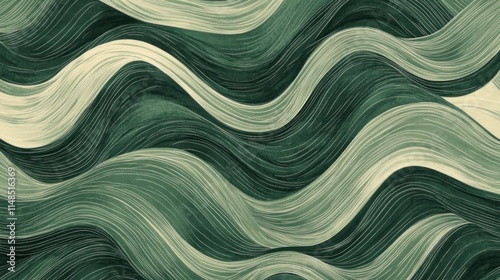 Textured green wave repeating pattern with hand-drawn, uneven arcs in muted green tones for an artisanal, organic appearance.