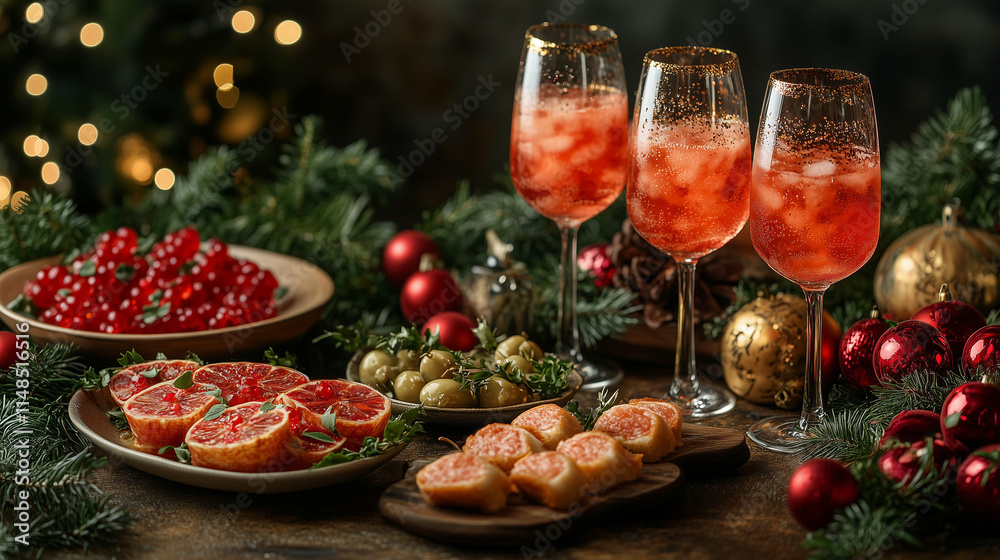 Festive Table Set with New Year Decorations, Glasses, and Appetizers for Vibrant Celebration  
