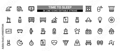 36 Time to Sleep Line Icons Set Pack Editable Stroke Vector Illustration.