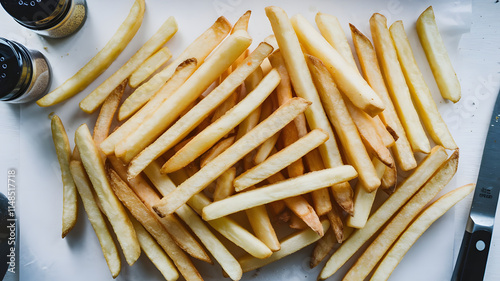 A photo of french fries in a white background. photo