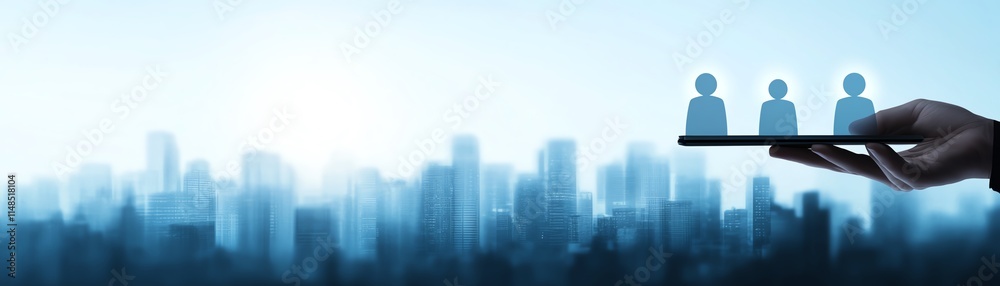 Man finger touch human icons, holding digital tablet on skyline background Man finger touch human icons, holding digital tablet on skyline background