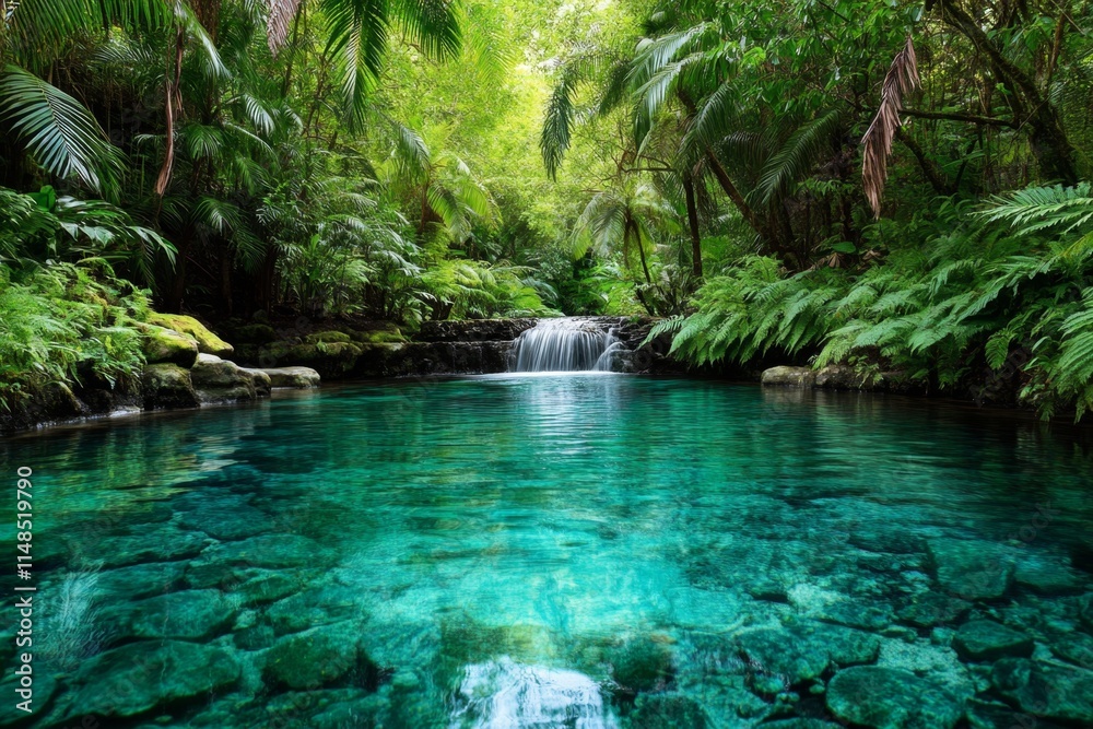 Naklejka premium A tropical garden with towering palm trees, colorful orchids, and a small waterfall cascading into a crystal-clear pond