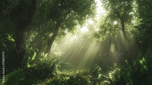 Sunlight Filtering Through Lush Green Forest for Peaceful Serenity