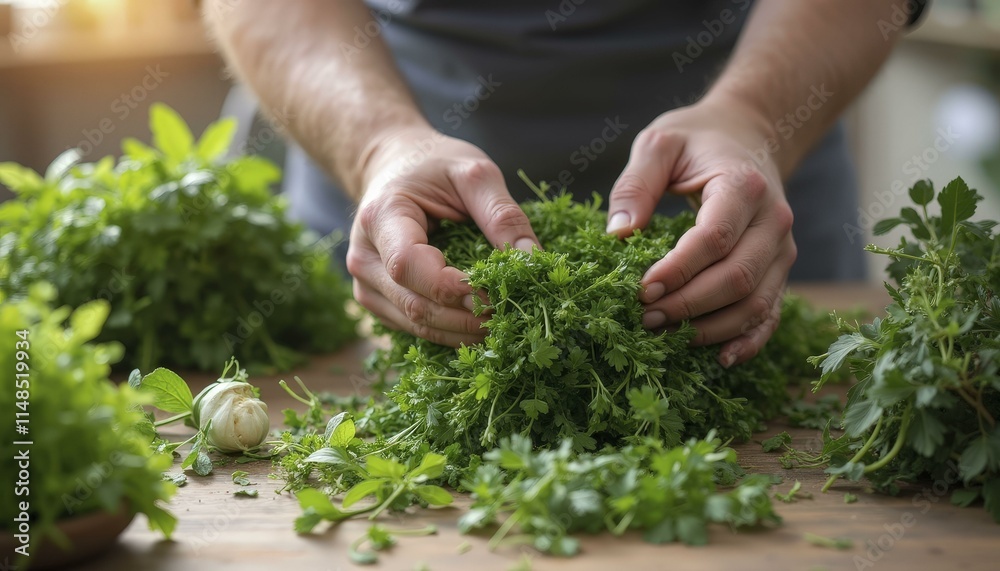 Hands carefully arranging fresh herbs on a rustic wooden table with soft, natural daylight Hands carefully arranging fresh herbs on a rustic wooden table with soft, natural daylight