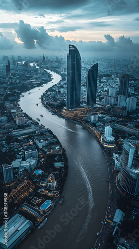 ICONSIAM Mall & Chao Phraya River Dramatic Aerial Twilight View photo